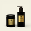 ZENZAR gift for him: Elegant Millionaire Hand Wash and Oud Wood Candle, two black bottles with gold labels on a beige background